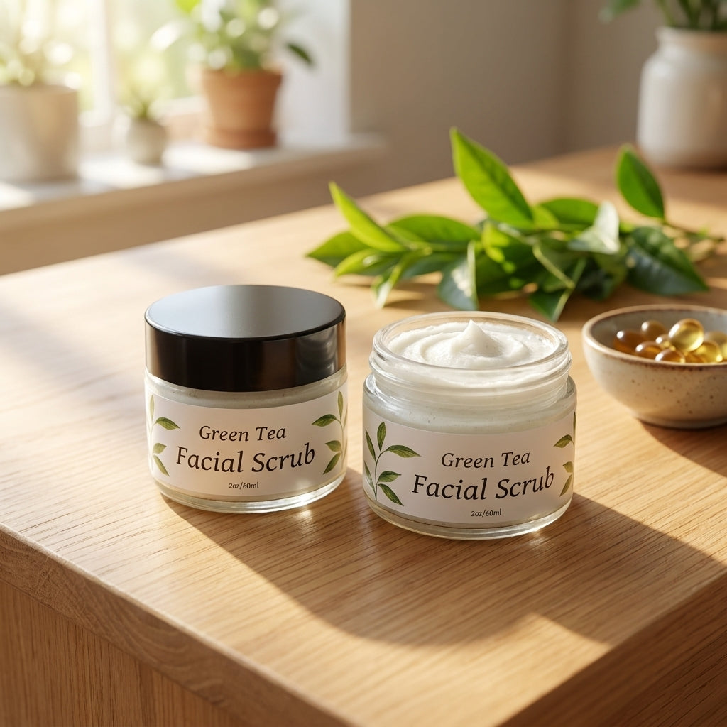 Full-body shot of Green Tea Facial Scrub on minimalist countertop with natural sunlight and greenery background.