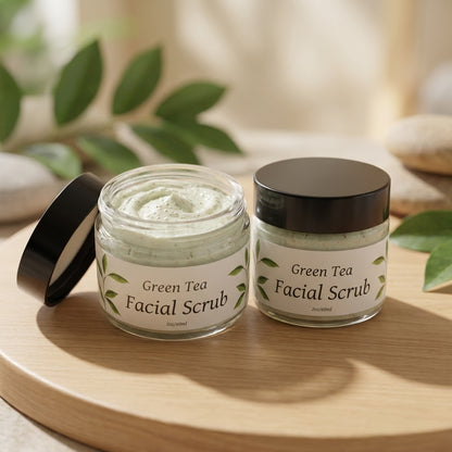 Close-up side profile of Green Tea Facial Scrub showing creamy consistency and tiny jojoba beads with soft blurred background.