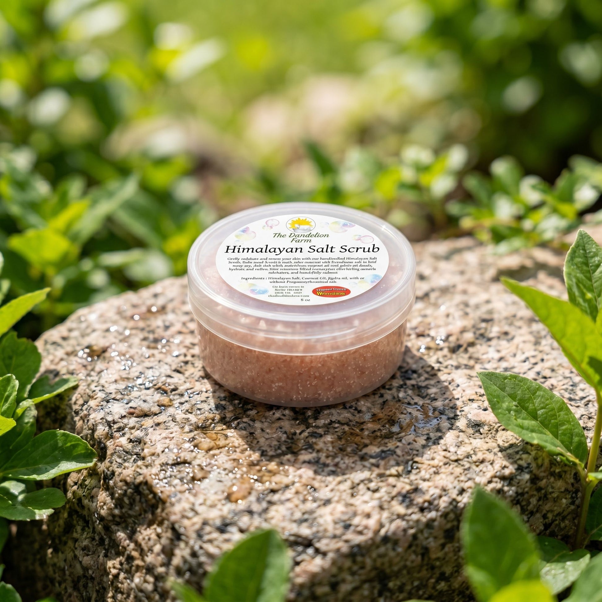 Mini Himalayan salt scrub jar outdoors on stone surface surrounded by green leaves and water droplets, sunlit for a rejuvenating look.