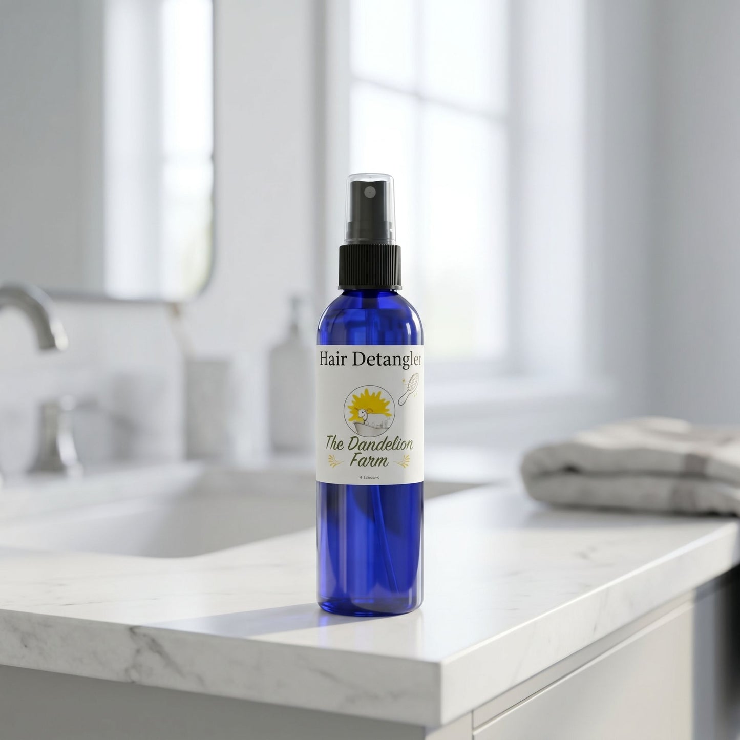 Small Hair Detangler bottle on minimalist marble countertop in bright vanity with diffused daylight.