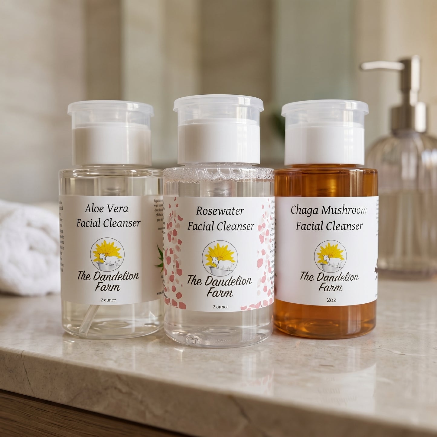 Full-body shot of facial cleanser on sleek bathroom countertop with soft lighting, showcasing clean design and natural color.