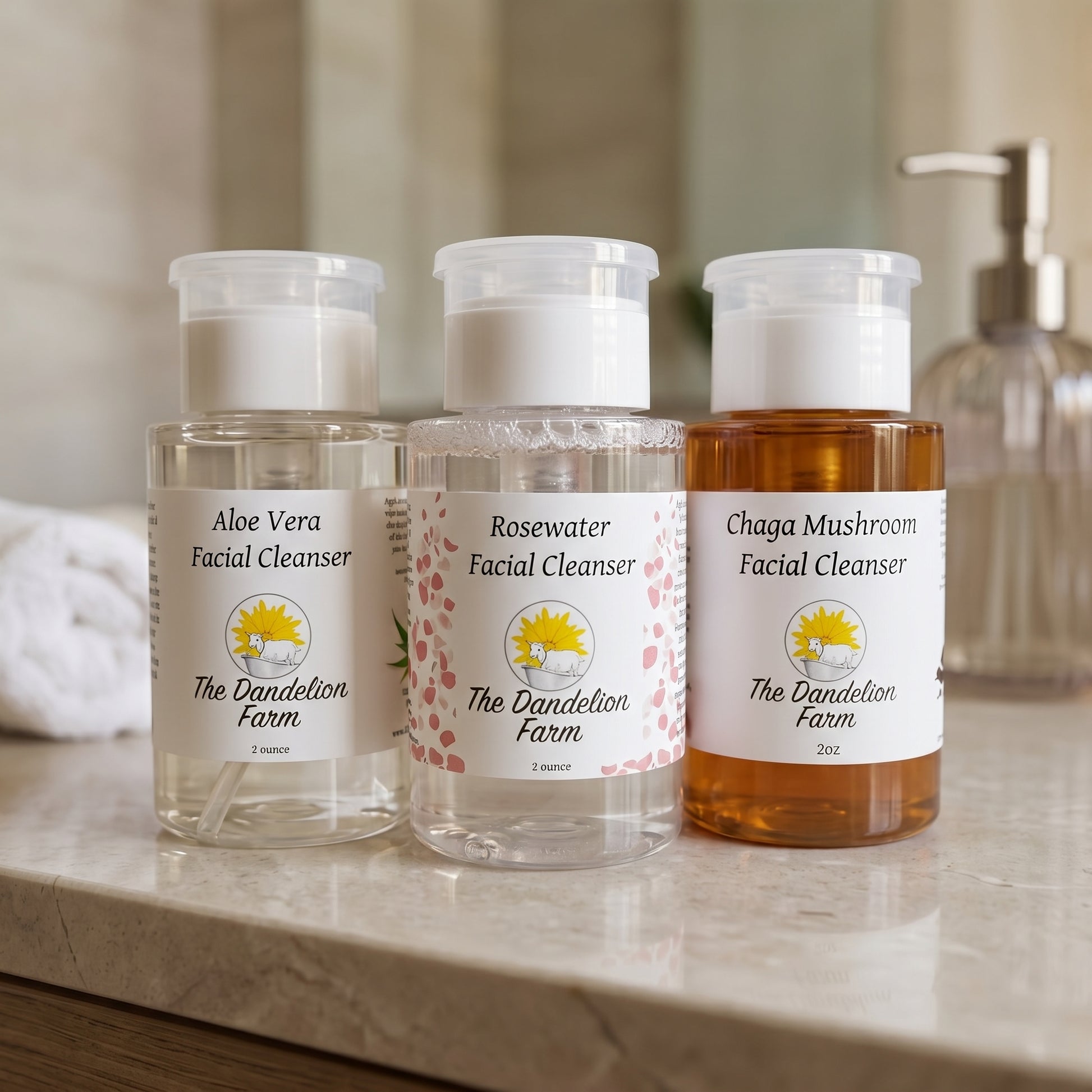 Full-body shot of facial cleanser on sleek bathroom countertop with soft lighting, showcasing clean design and natural color.