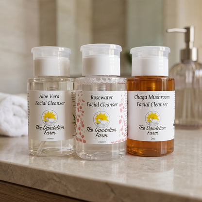 Full-body shot of facial cleanser on sleek bathroom countertop with soft lighting, showcasing clean design and natural color.