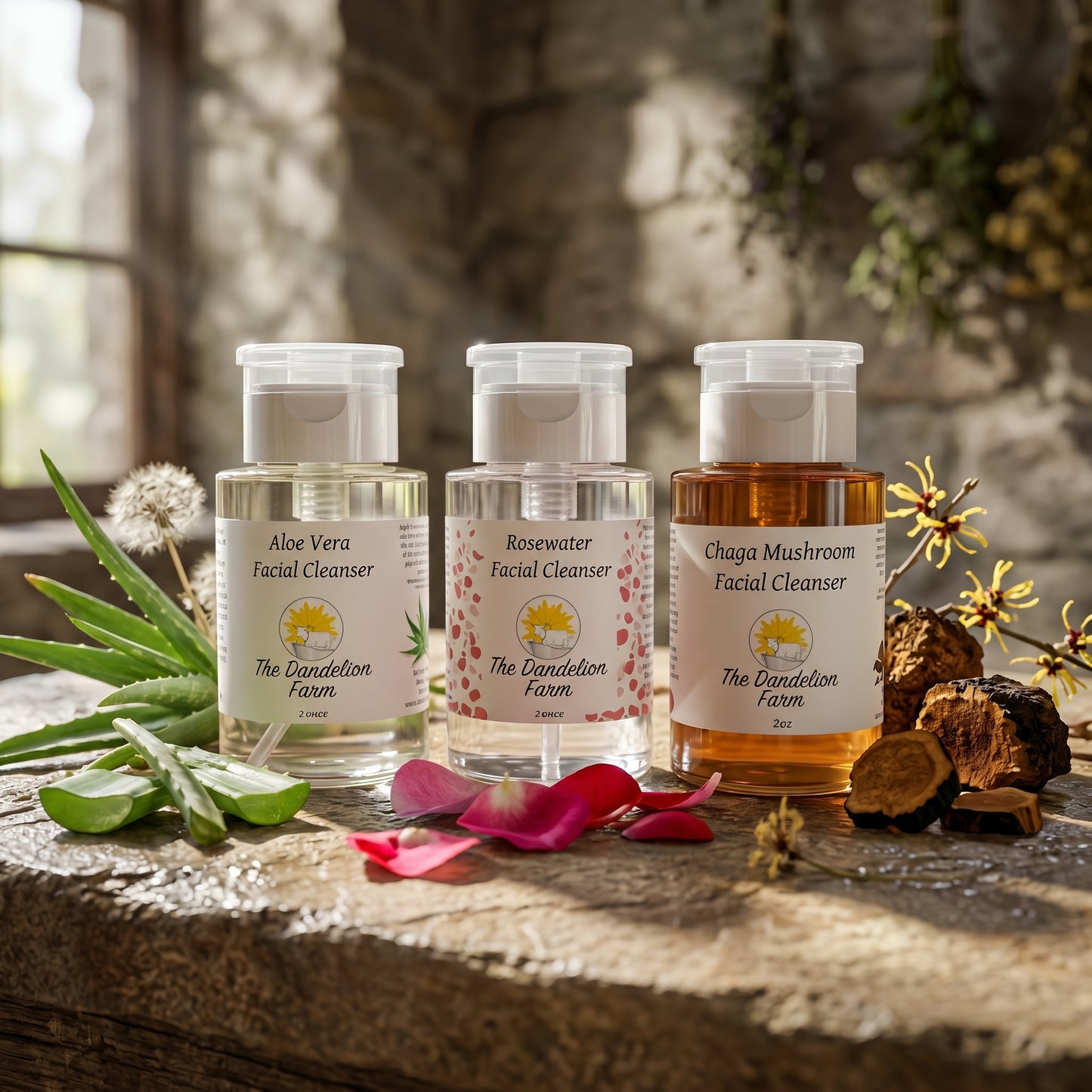 Side-angle view of facial cleanser among botanicals like rose petals, aloe leaves, and chaga mushrooms on textured stone.