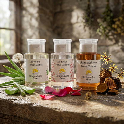 Side-angle view of facial cleanser among botanicals like rose petals, aloe leaves, and chaga mushrooms on textured stone.