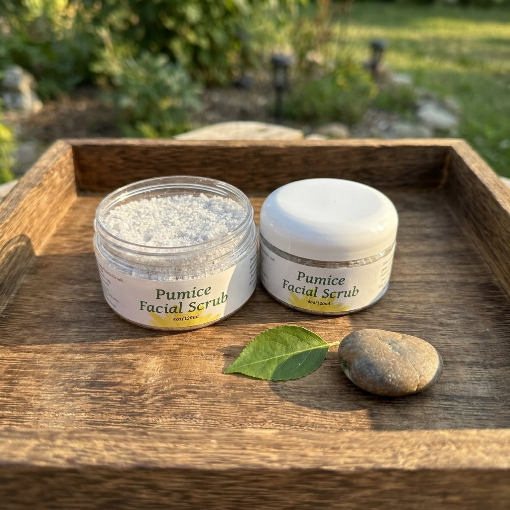 Tiny pumice facial scrub on a rustic wooden tray outdoors with natural sunlight and organic elements.