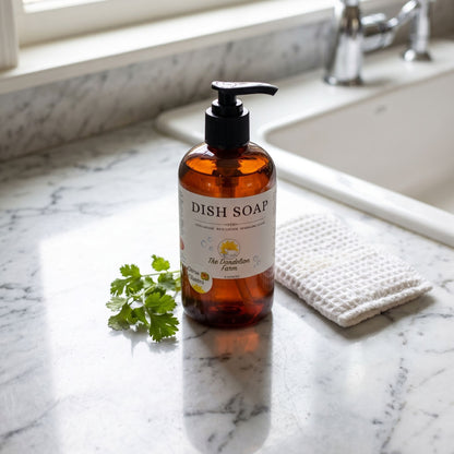 Overhead of Nano Banana Pro dish soap on marble countertop, highlighting its rich lather with natural setting including herbs and sponge.