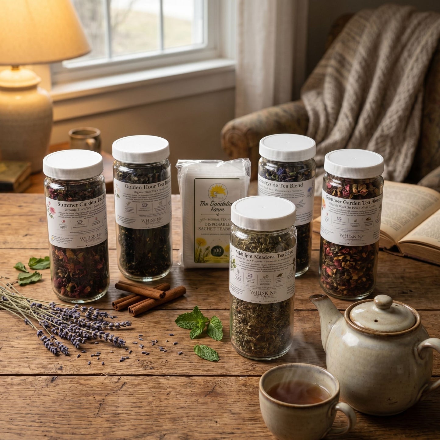 Rustic teapot and cup with Midnight Meadows Tea Blend, accompanied by lavender, cinnamon, and mint, on a cozy wooden table.