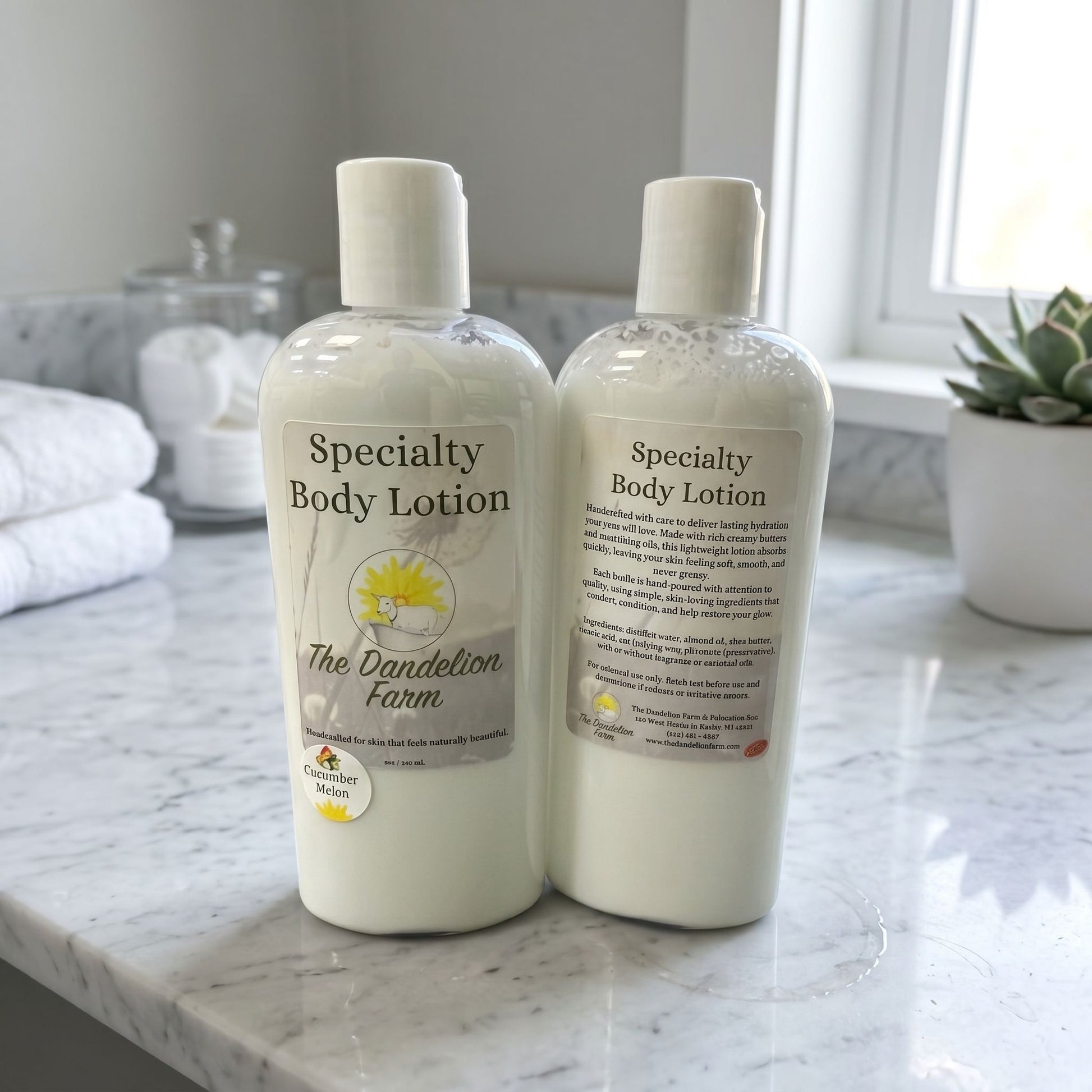 Overhead view of Body Lotion (Specialty) on marble countertop in bright bathroom, showcasing material details and real-life setting.