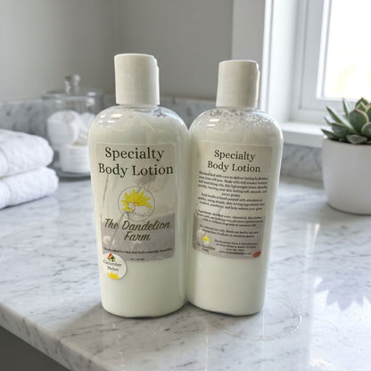 Overhead view of Body Lotion (Specialty) on marble countertop in bright bathroom, showcasing material details and real-life setting.