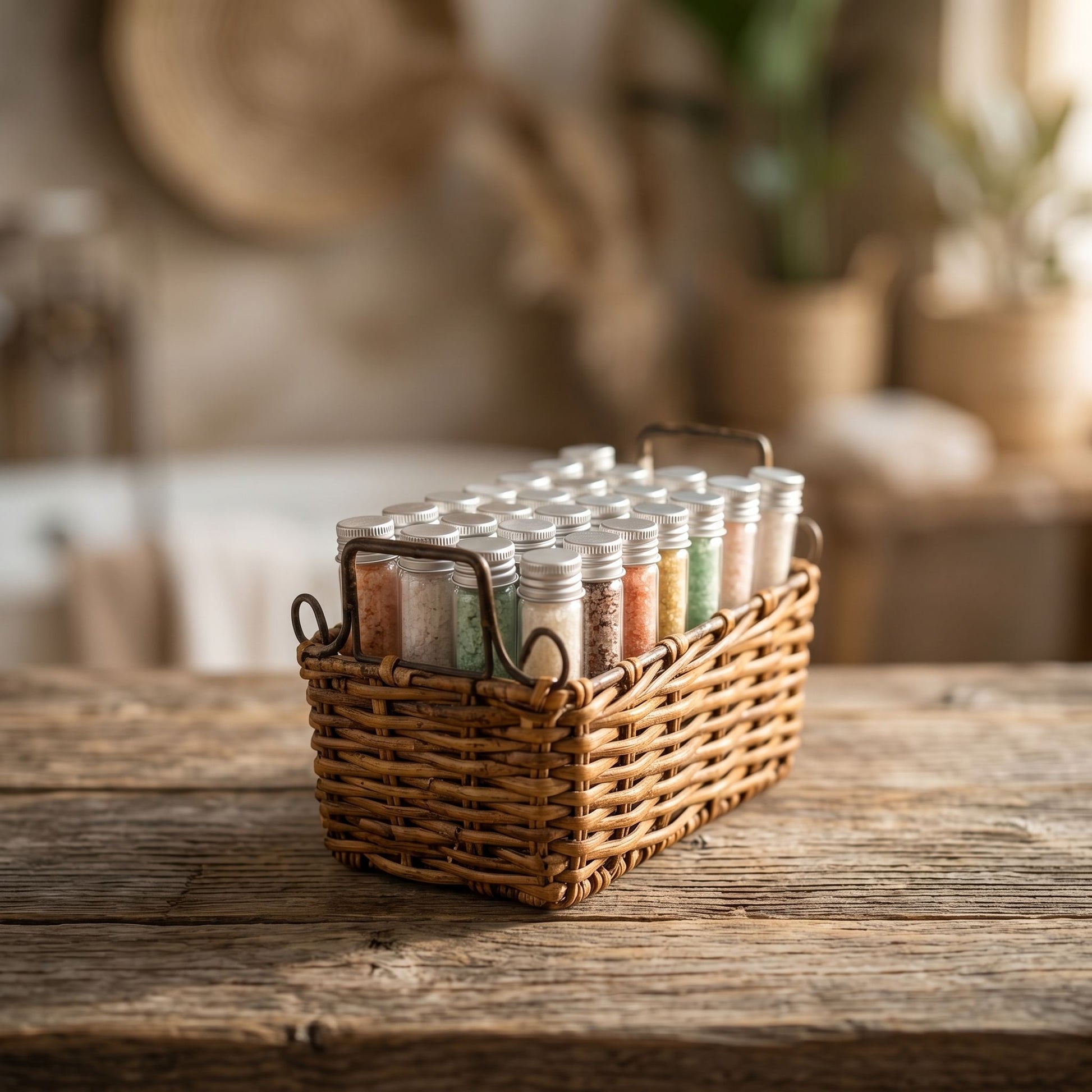 Close-up of tiny bath salt bar tube standing upright on rustic wood surface with embossed branding.