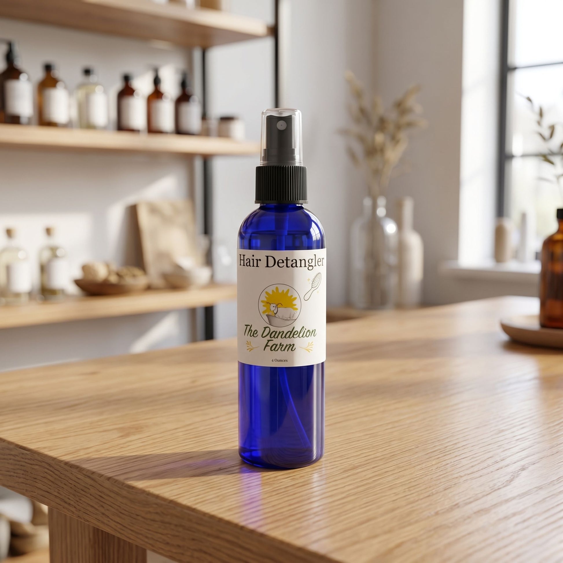 Small Hair Detangler bottle on reflective glass surface in sleek salon with bright studio lighting.