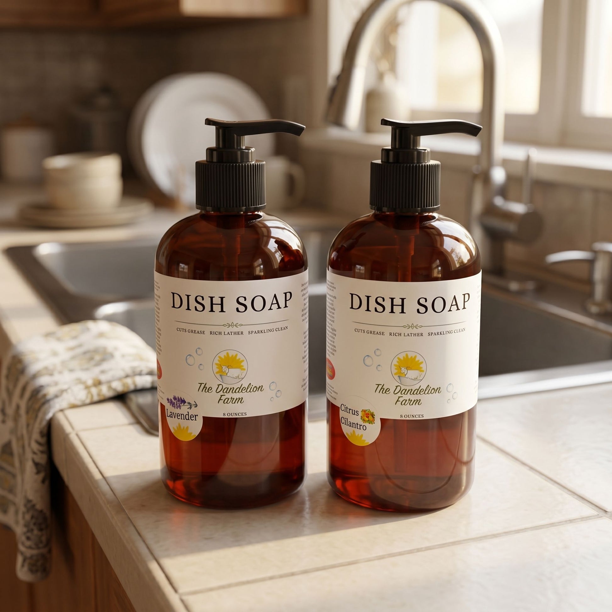 Side view of Nano Banana Pro dish soap on a tiled sink edge, focusing on its glossy surface and textured label with warm lighting.