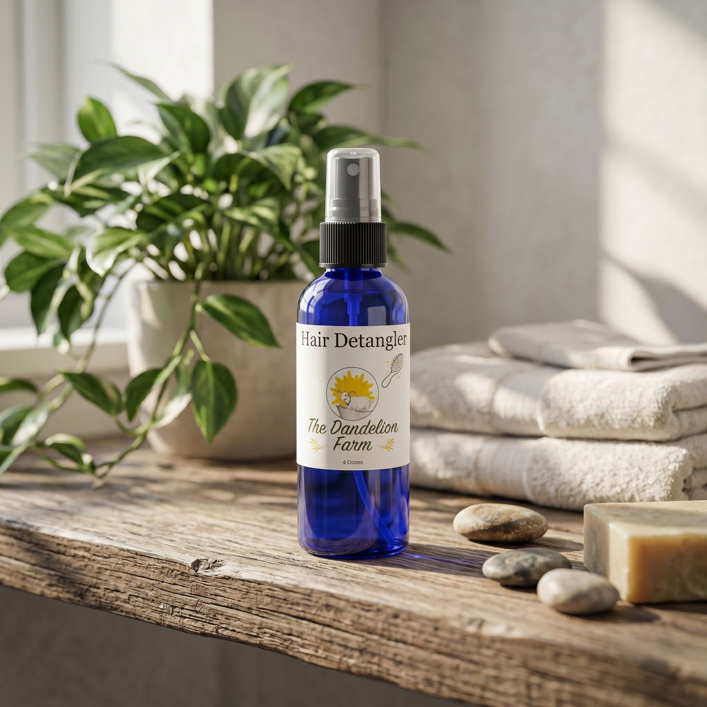 Petite Hair Detangler spray bottle on rustic wooden shelf with green plants and soft towels in sunlit bathroom.