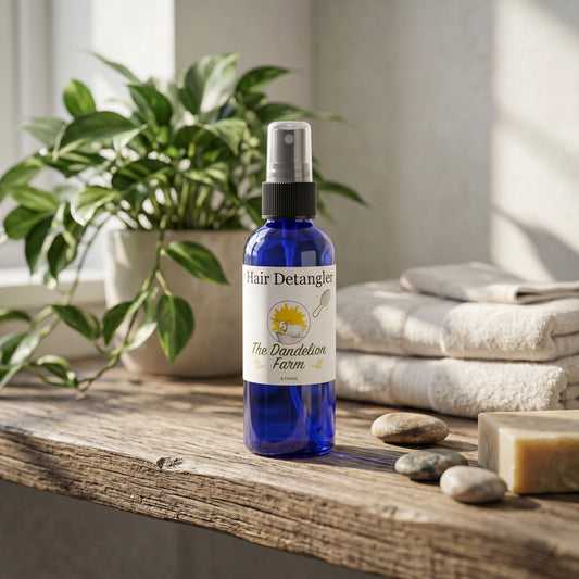 Petite Hair Detangler spray bottle on rustic wooden shelf with green plants and soft towels in sunlit bathroom.