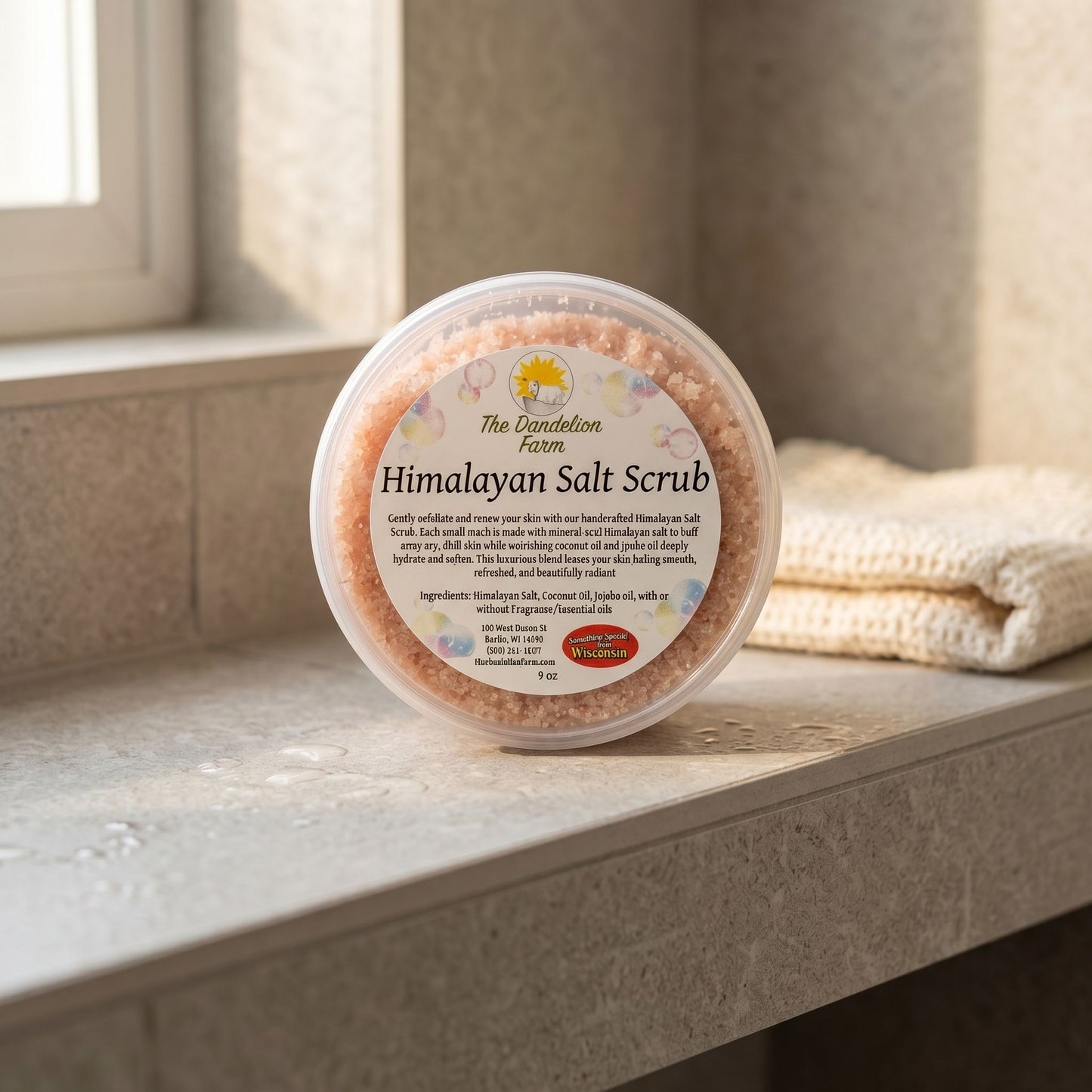 Diminutive Himalayan salt scrub container on sleek shower shelf, capturing salt grains and nourishing oils with soft lighting.