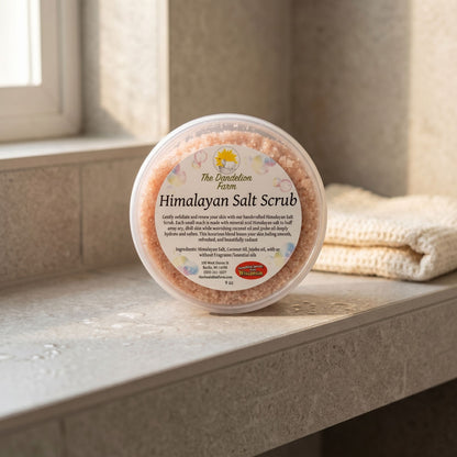 Diminutive Himalayan salt scrub container on sleek shower shelf, capturing salt grains and nourishing oils with soft lighting.