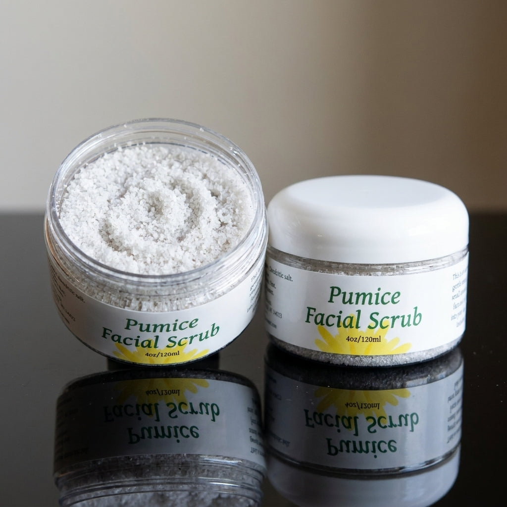 Close-up of a small pumice facial scrub with granules and oils on a reflective black surface.