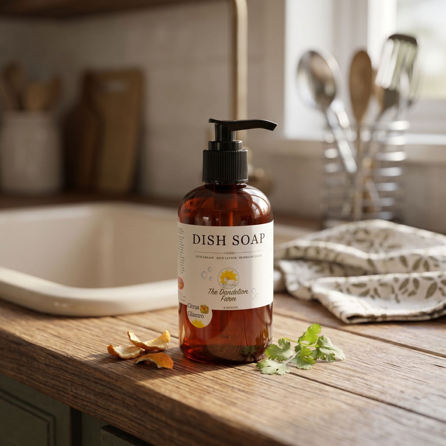 Close-up of Nano Banana Pro dish soap emphasizing its small size and transparent gel texture on a rustic countertop, highlighting natural ingredients.