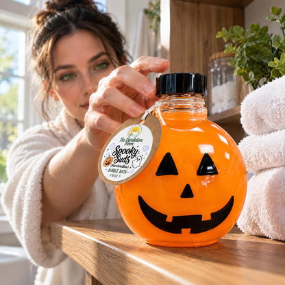 Jack-o-lantern shaped bubble bath bottle placed on a wooden shelf next to stacked white towels.