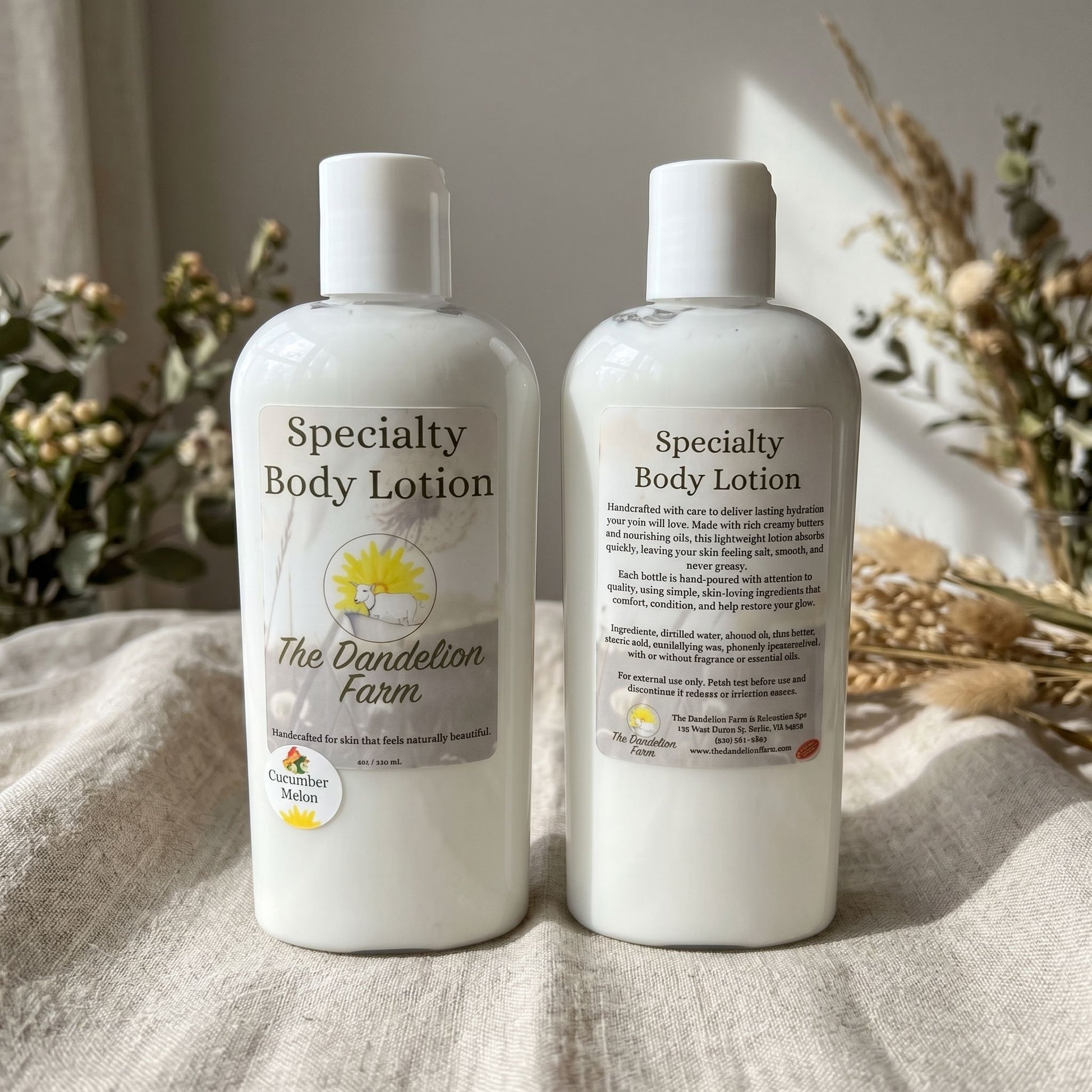 Close-up of Body Lotion (Specialty) bottle against natural linen fabric, emphasizing creamy texture and elegant design.