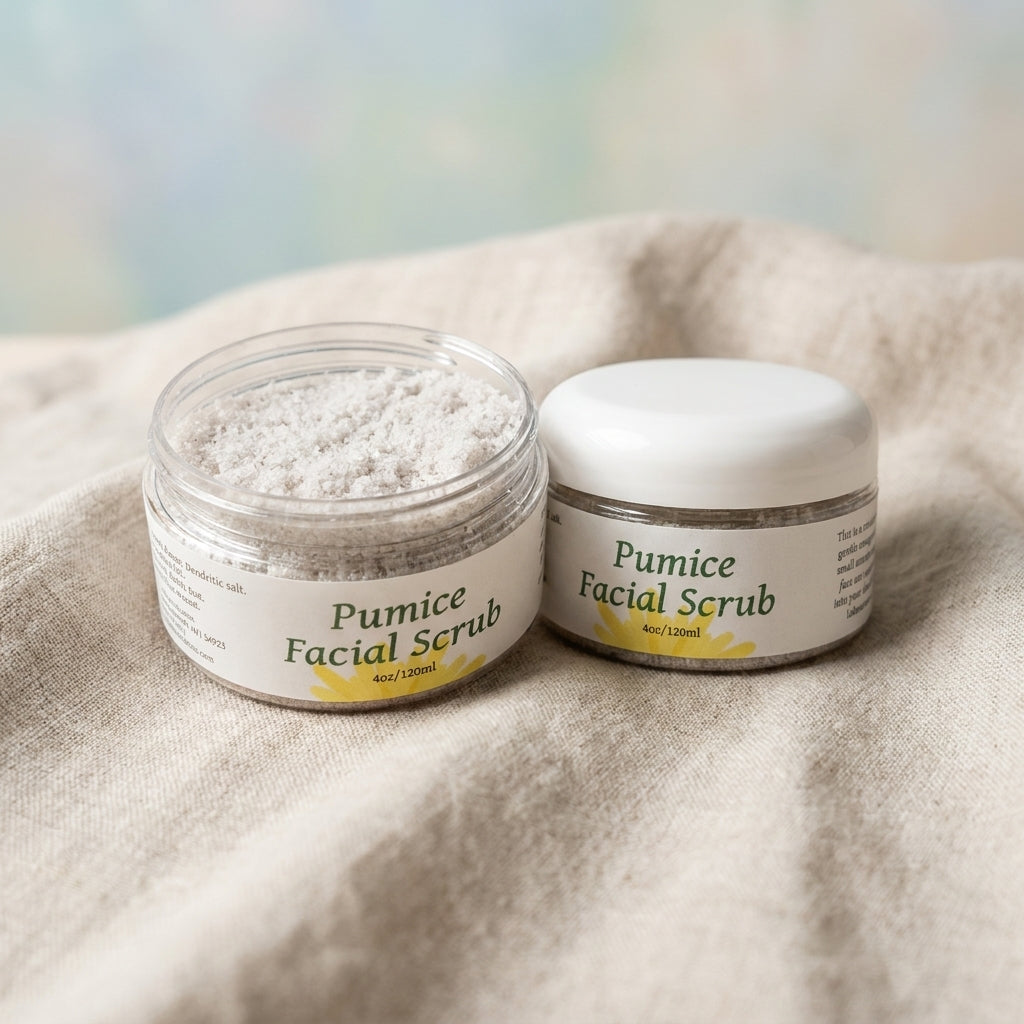 Studio shot of tiny pumice facial scrub on linen cloth with soft studio lighting and pastel background.