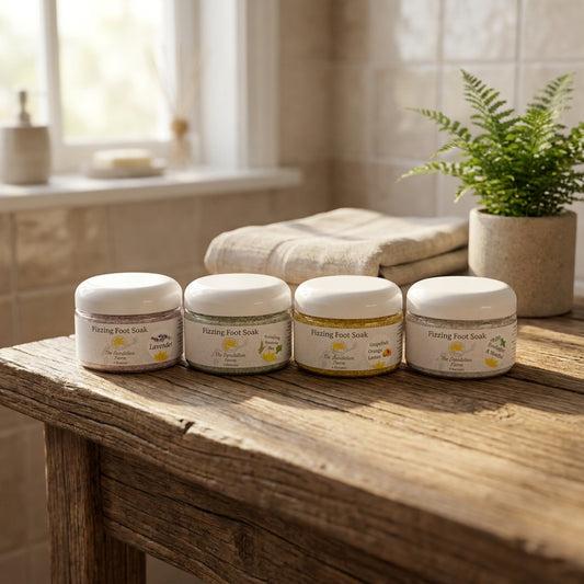 Close-up of a small plastic foot soak container with visible bubbles on a wooden bathroom counter, soft ambient lighting.