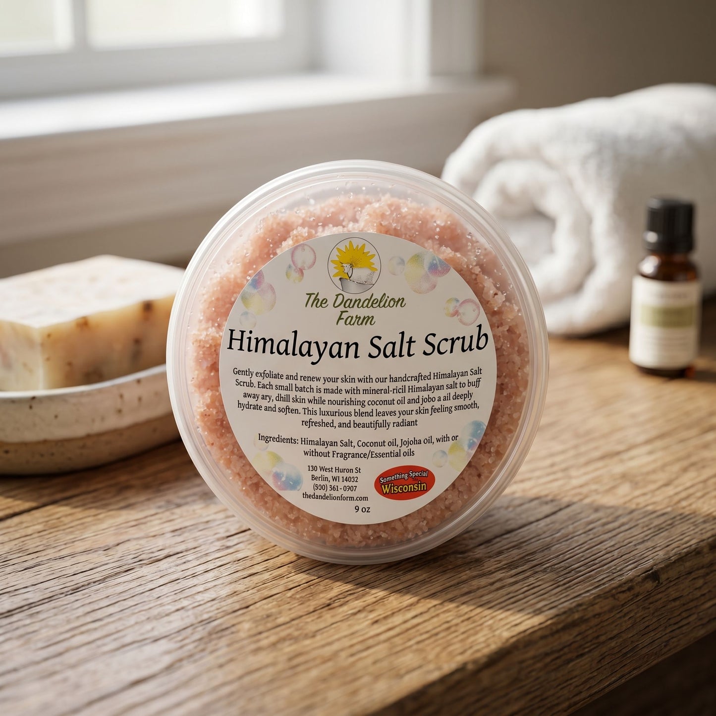 Close-up of Himalayan salt scrub jar on rustic bathroom counter showing salt crystals and oily sheen in natural morning light.